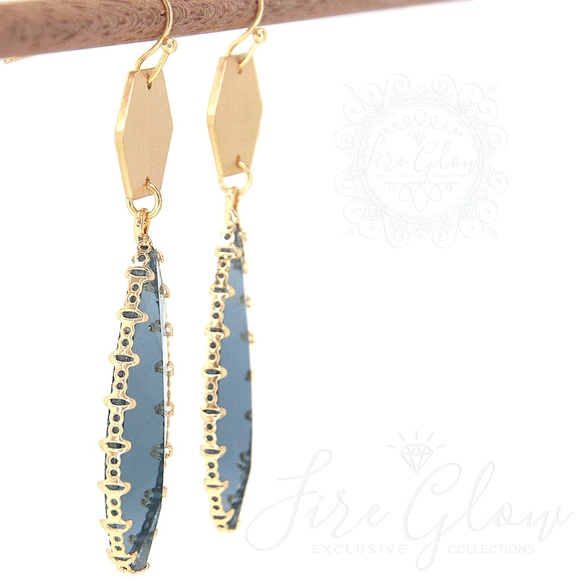 Gray Teardrop Gem Brushed Gold Tone Hex Earrings - Picture 2 of 11